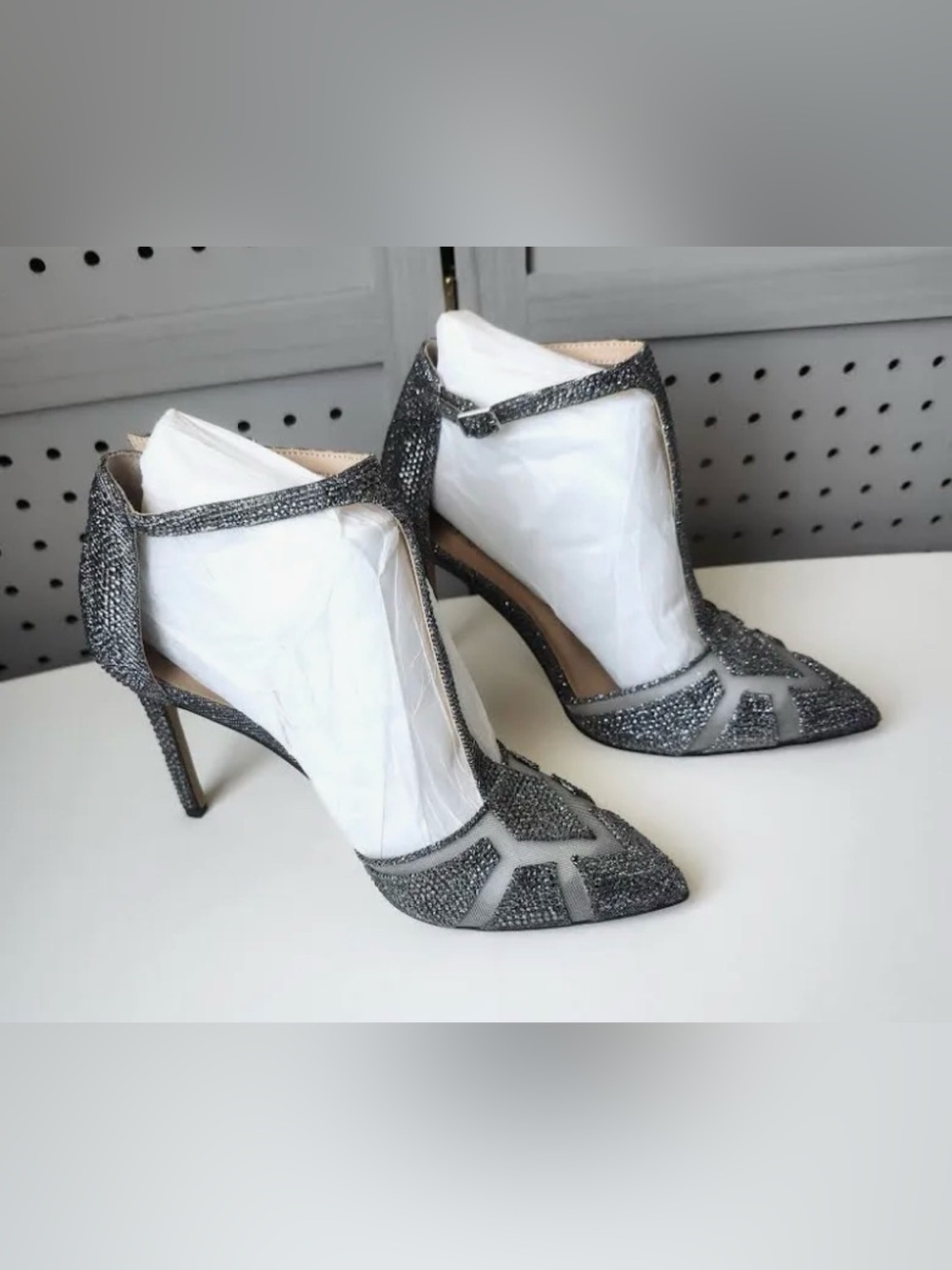 INC Dark Silver Crystals Art Deco T Strap Sparkle Heels Sz 10